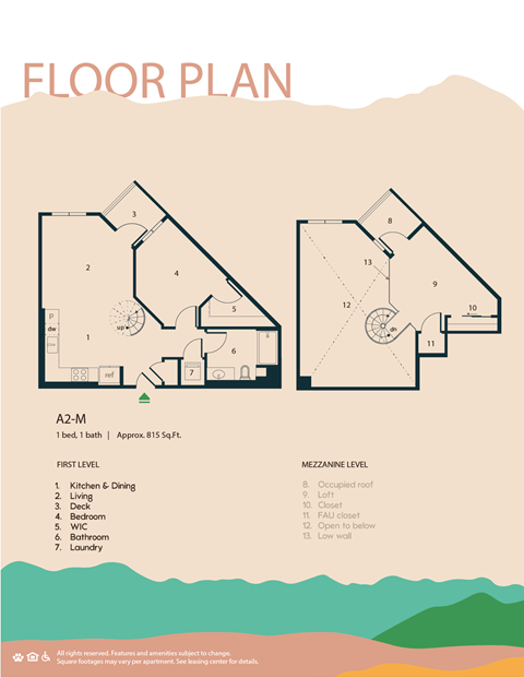 A floor plan of a one bedroom, 1 bathroom apartment with an approximate size of 815 square feet.